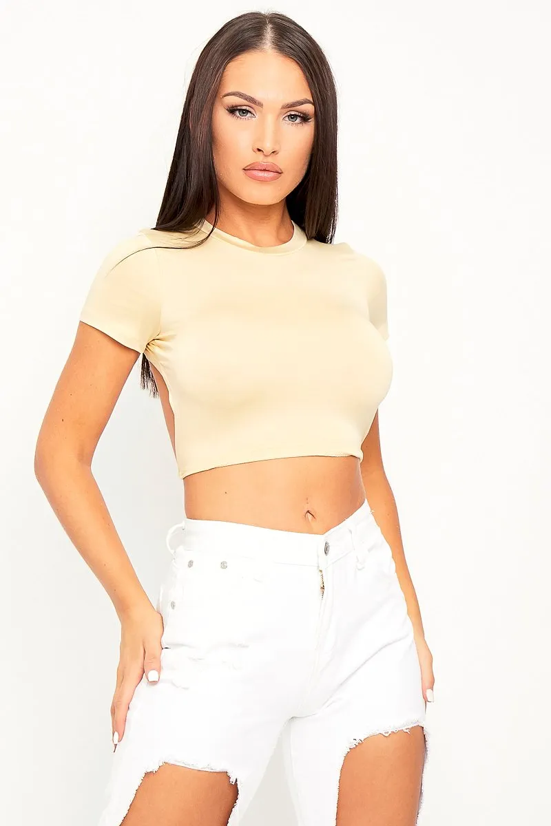 Beige Slinky Open Back Crop Top - Ivona