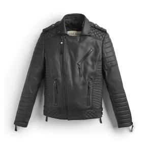 Black Leather Biker Jacket With Pattern