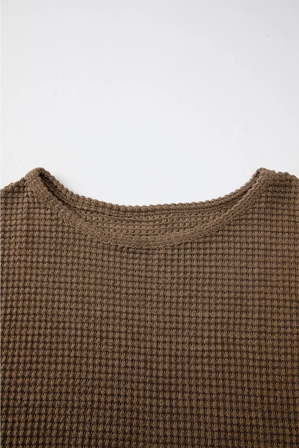 Dark Brown Waffle Knit Drop Shoulder Long Sleeve Top