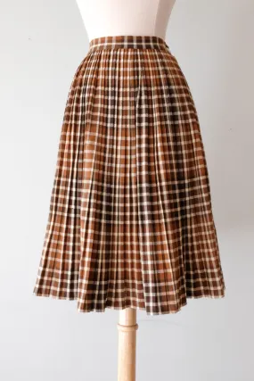 Darling 1950's Micro Pleated Brown & Ivory Plaid Wool Skirt  / Sz XS