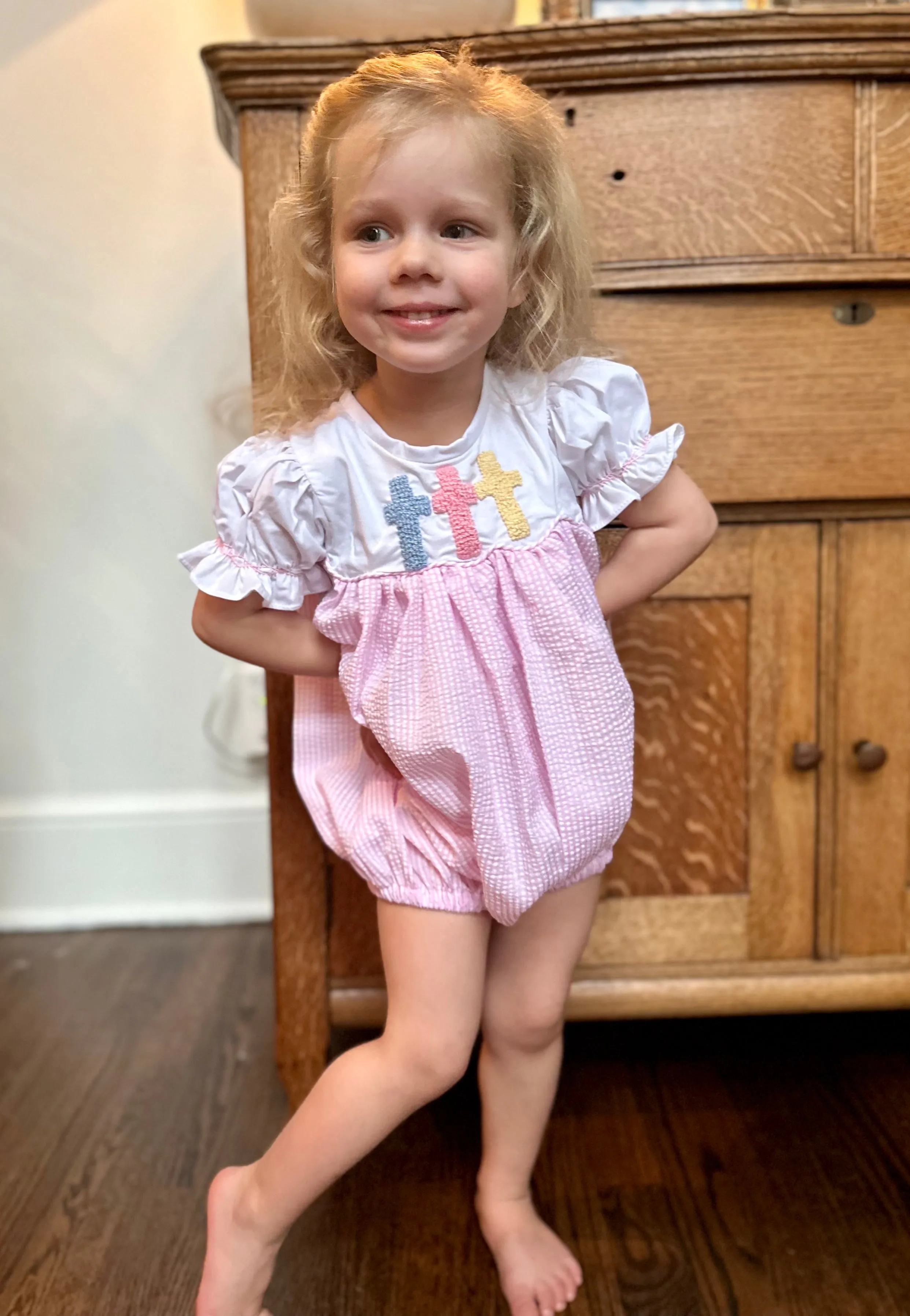 Easter Cross Romper - French Knot Crosses in Pink Seersucker