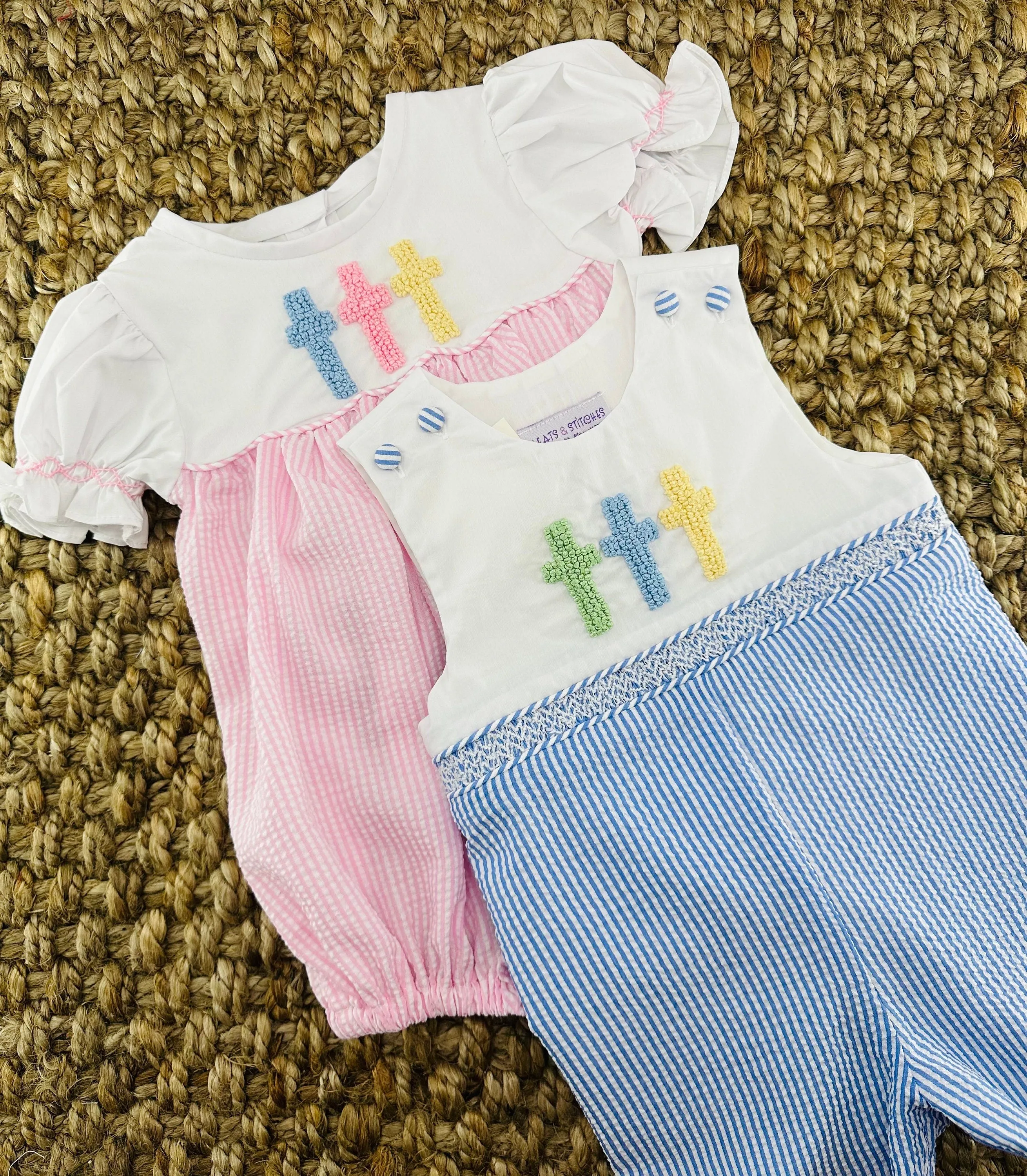 Easter Cross Romper - French Knot Crosses in Pink Seersucker