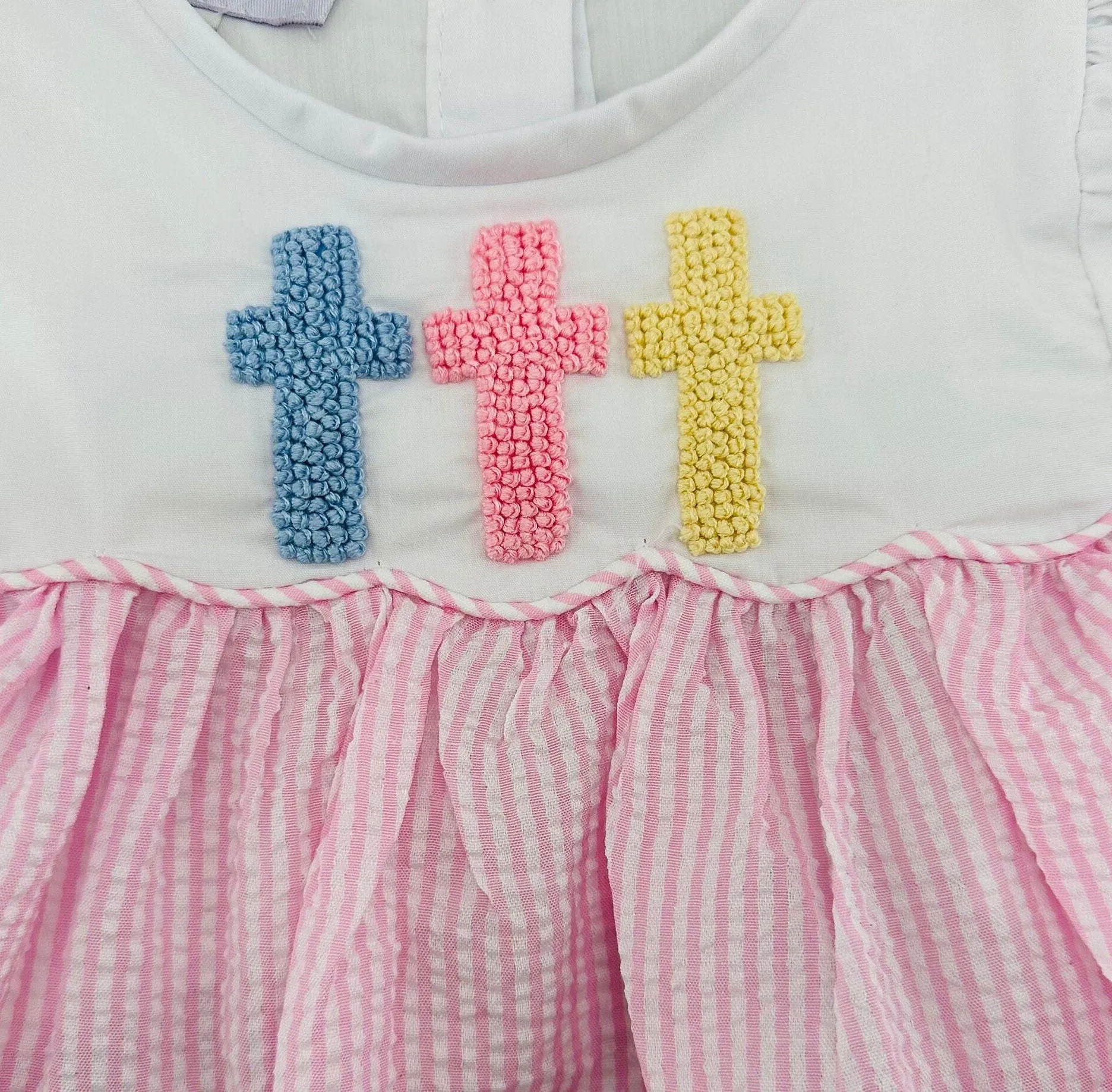 Easter Cross Romper - French Knot Crosses in Pink Seersucker