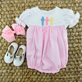 Easter Cross Romper - French Knot Crosses in Pink Seersucker