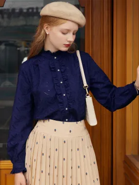 【Final Sale】Victoria Ruffle Mandarin Navy Blue Shirt