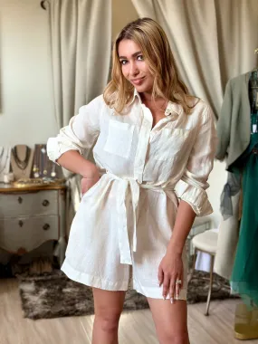 Haris Cotton Solid Belted Linen Shirt Romper