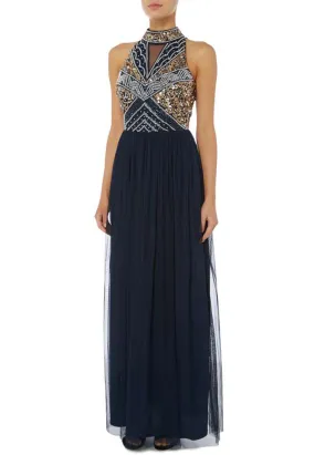 Navy And Gold Sequins Halter Neck Gown