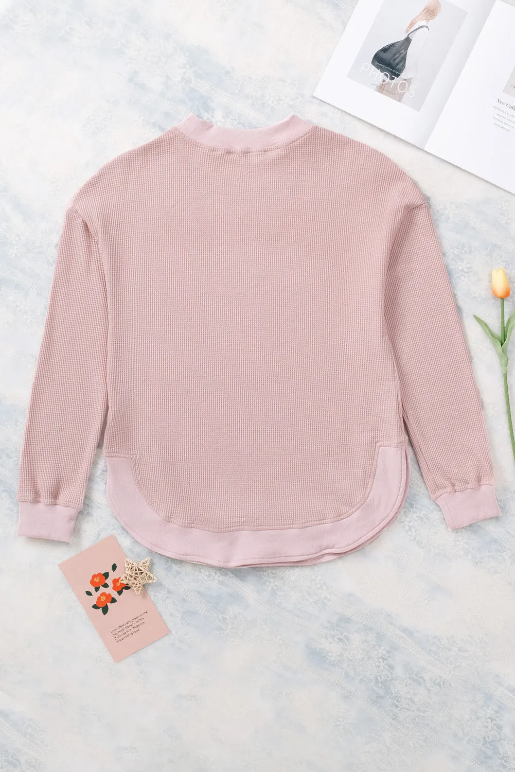 Pink Crew Neck Ribbed Trim Waffle Knit Top