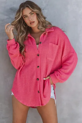 Pink Waffle Knit Button Up Casual Shirt