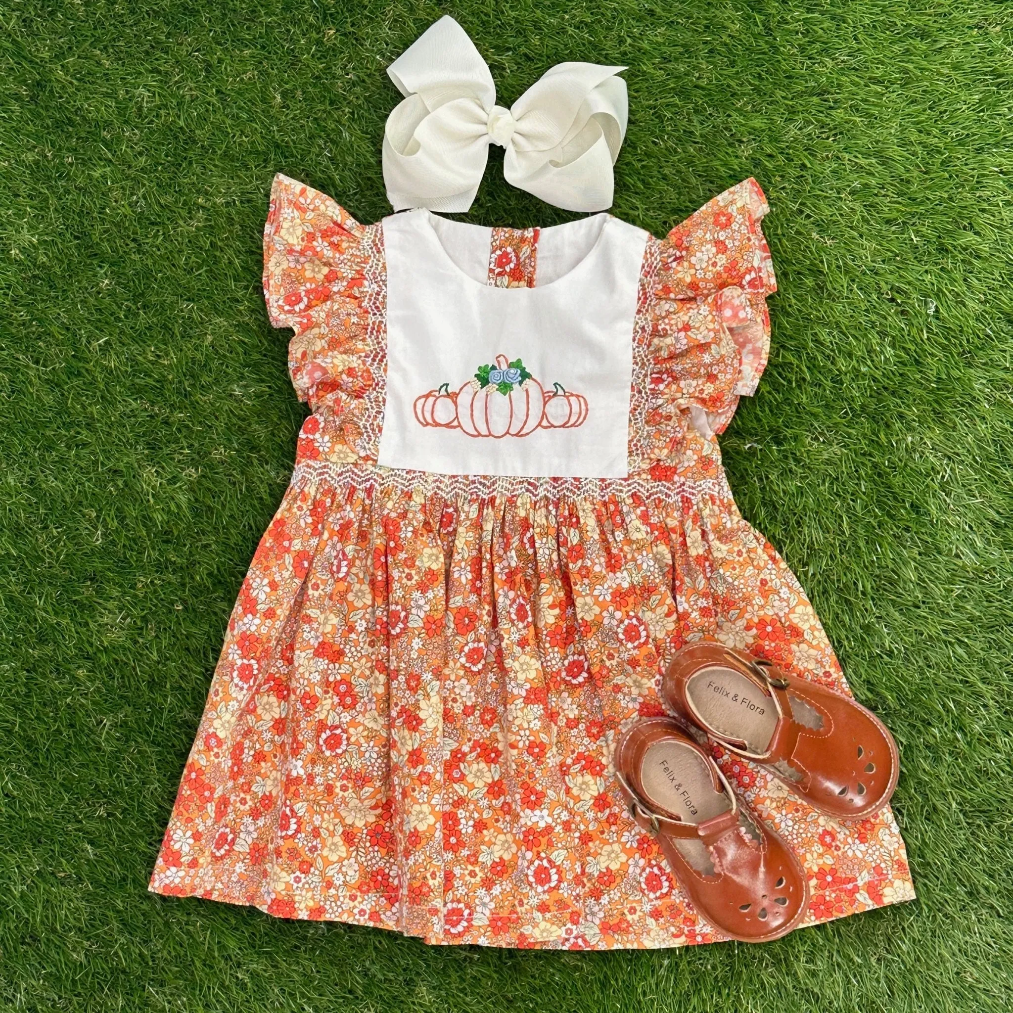 Pumpkin Smocked Avignon Dress - Embroidered Pumpkins on Fall Florals Dress