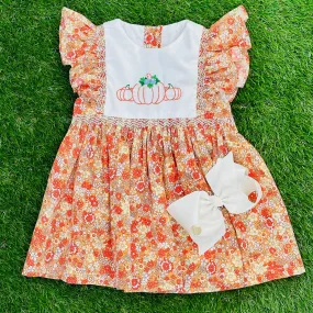 Pumpkin Smocked Avignon Dress - Embroidered Pumpkins on Fall Florals Dress