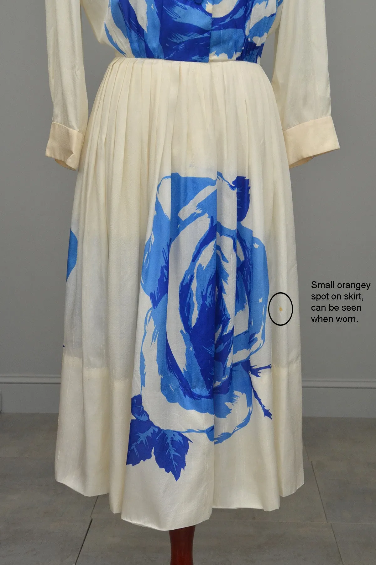 RESERVED Vintage 1950's Blue White Cabbage Rose Print Silk Dress