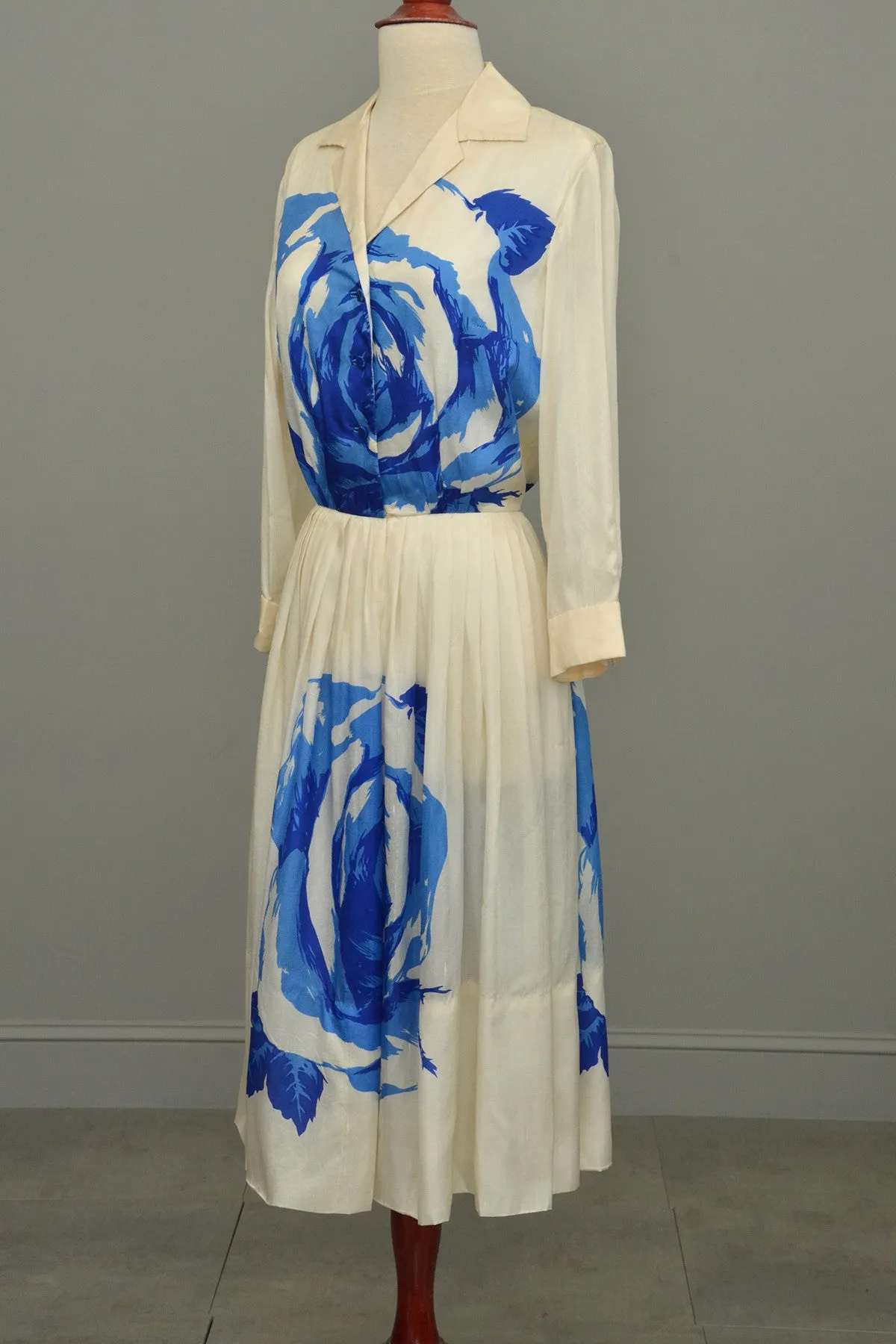 RESERVED Vintage 1950's Blue White Cabbage Rose Print Silk Dress