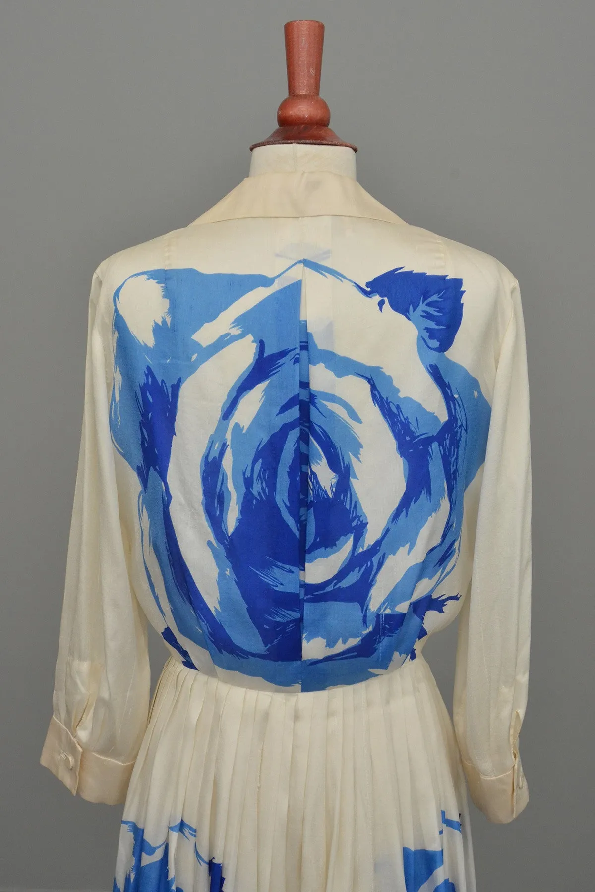 RESERVED Vintage 1950's Blue White Cabbage Rose Print Silk Dress