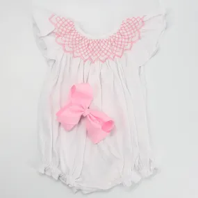 Smocked Knit Baby Romper - Pink Smocking on white