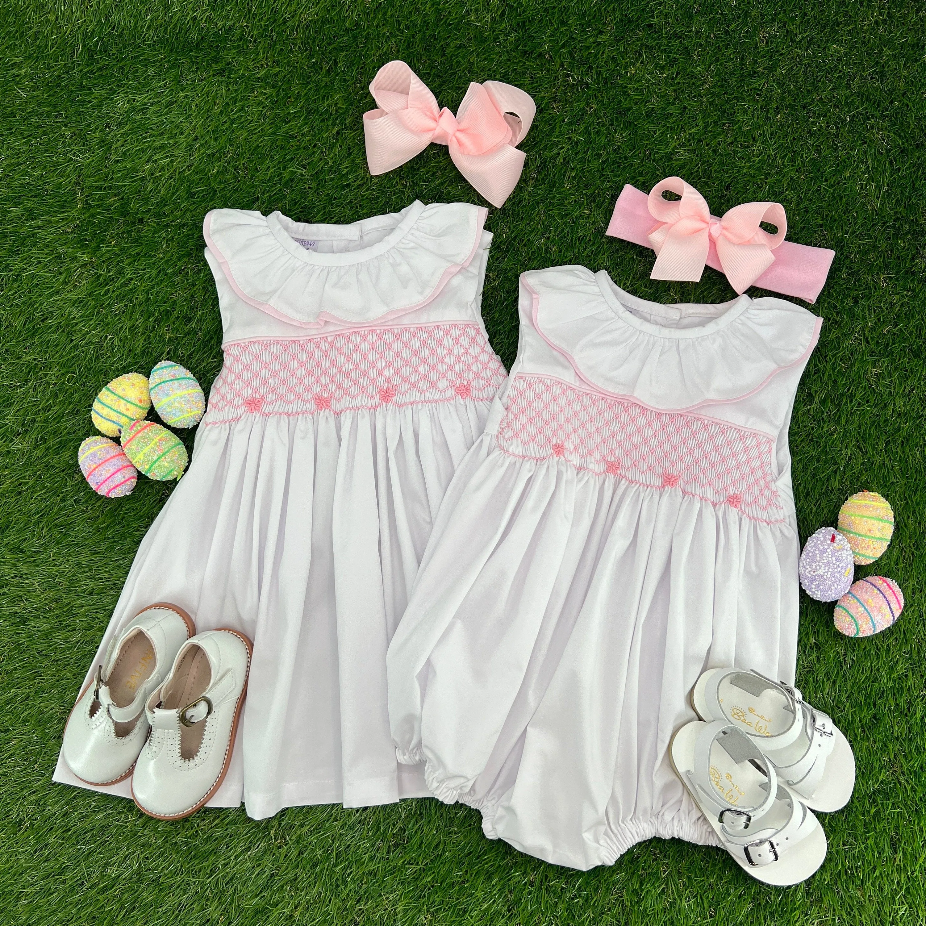 Smocked Toulouse Romper in White with Pink Ruffle Collar