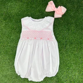 Smocked Toulouse Romper in White with Pink Ruffle Collar