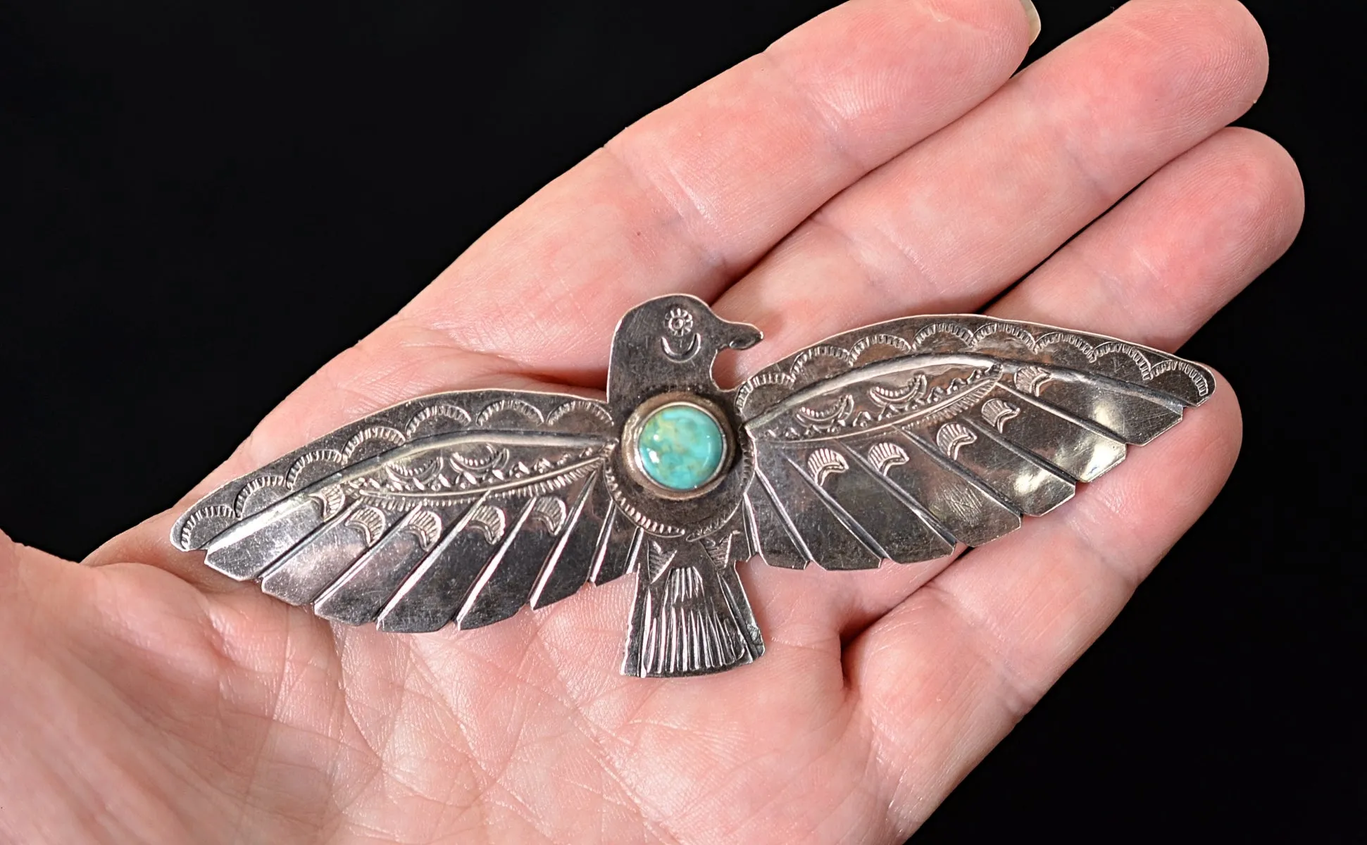 SOLD Vintage Fred Harvey Era Large Thunderbird Silver/Turquoise Brooch 4" Long