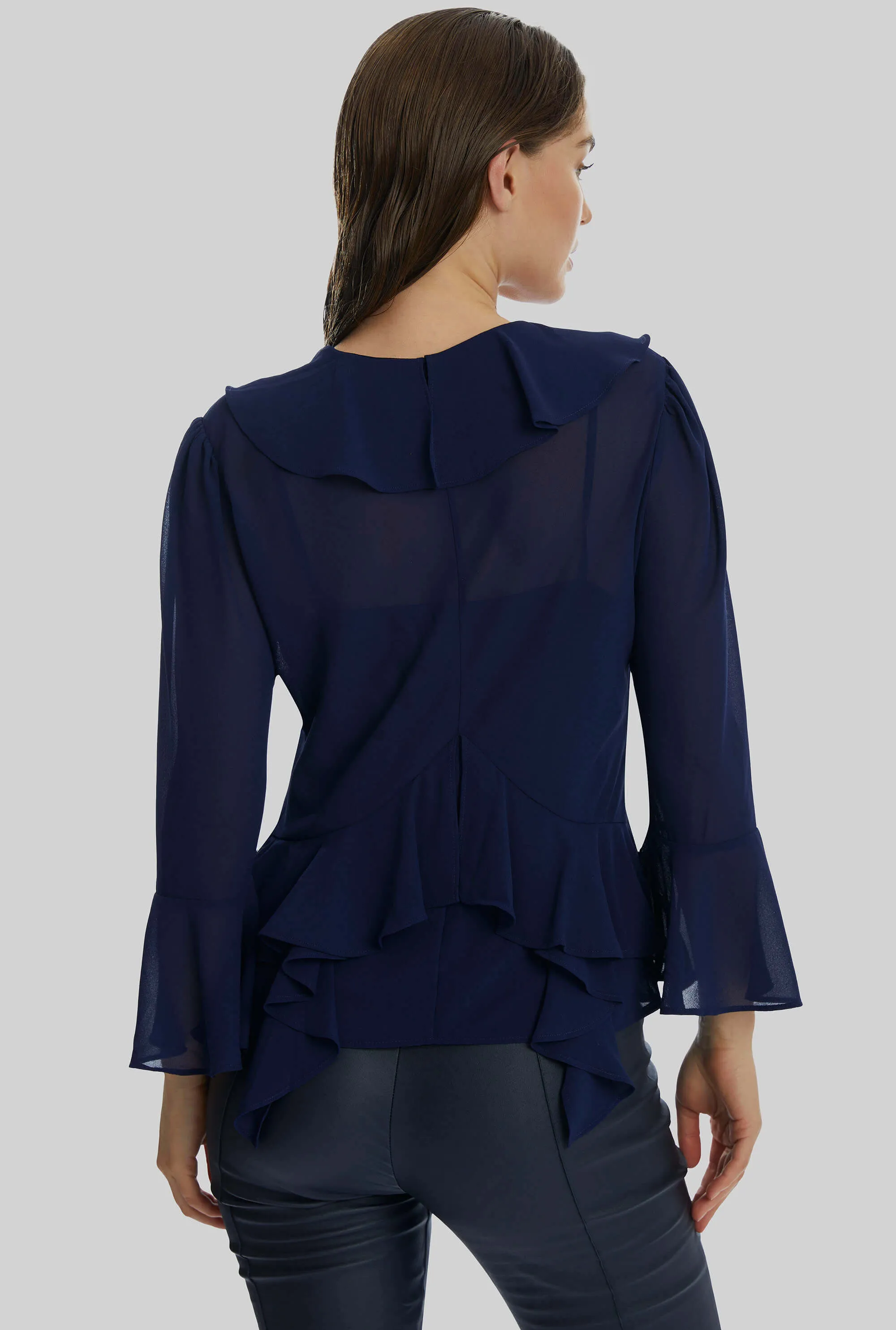 V-neck Chiffon Ruffle Blouse In Navy