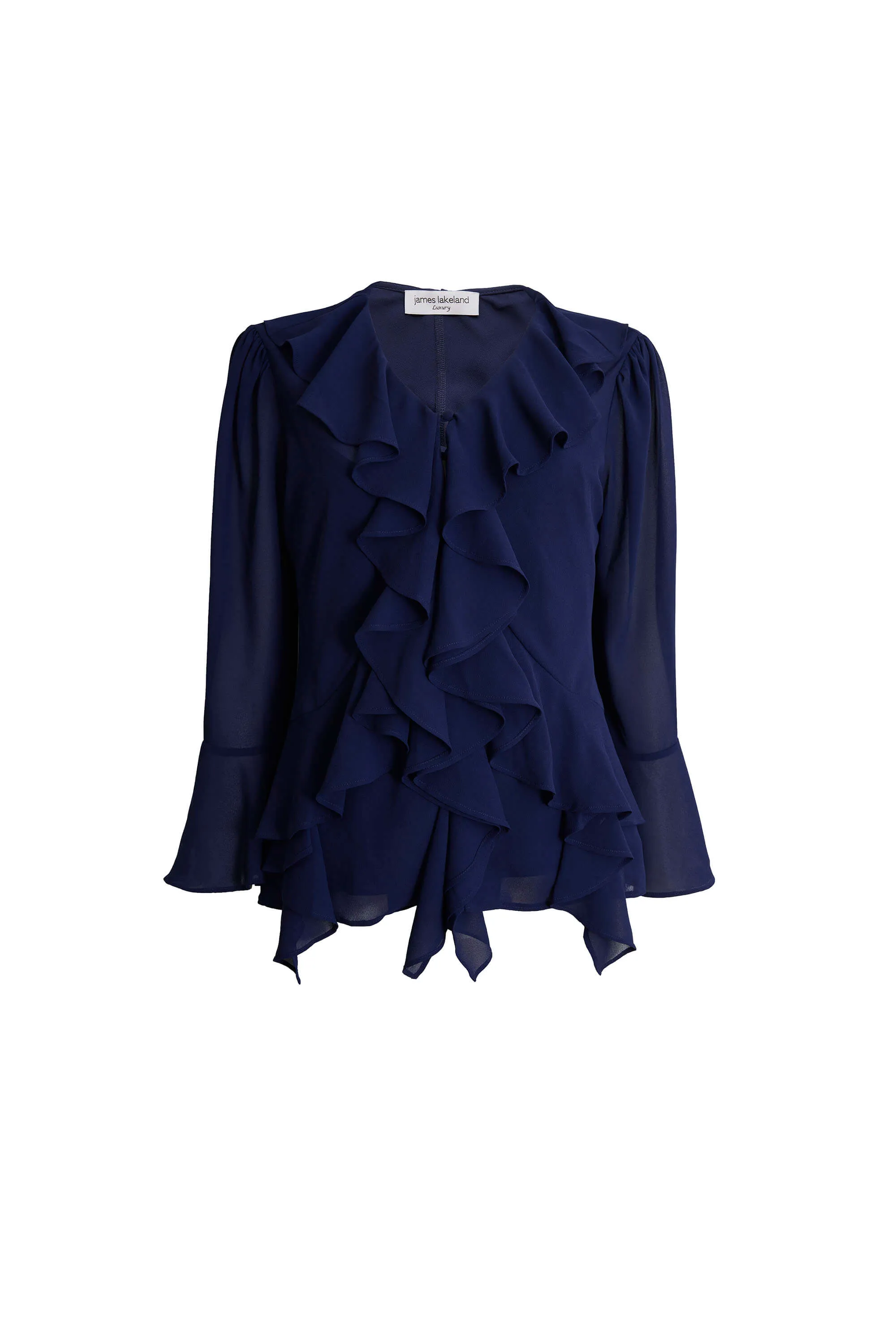 V-neck Chiffon Ruffle Blouse In Navy