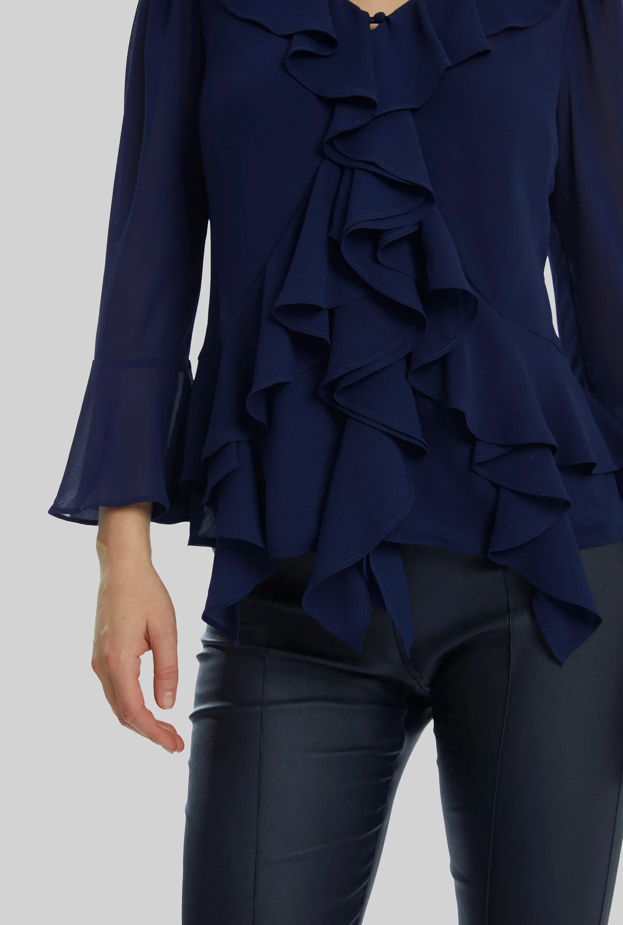 V-neck Chiffon Ruffle Blouse In Navy