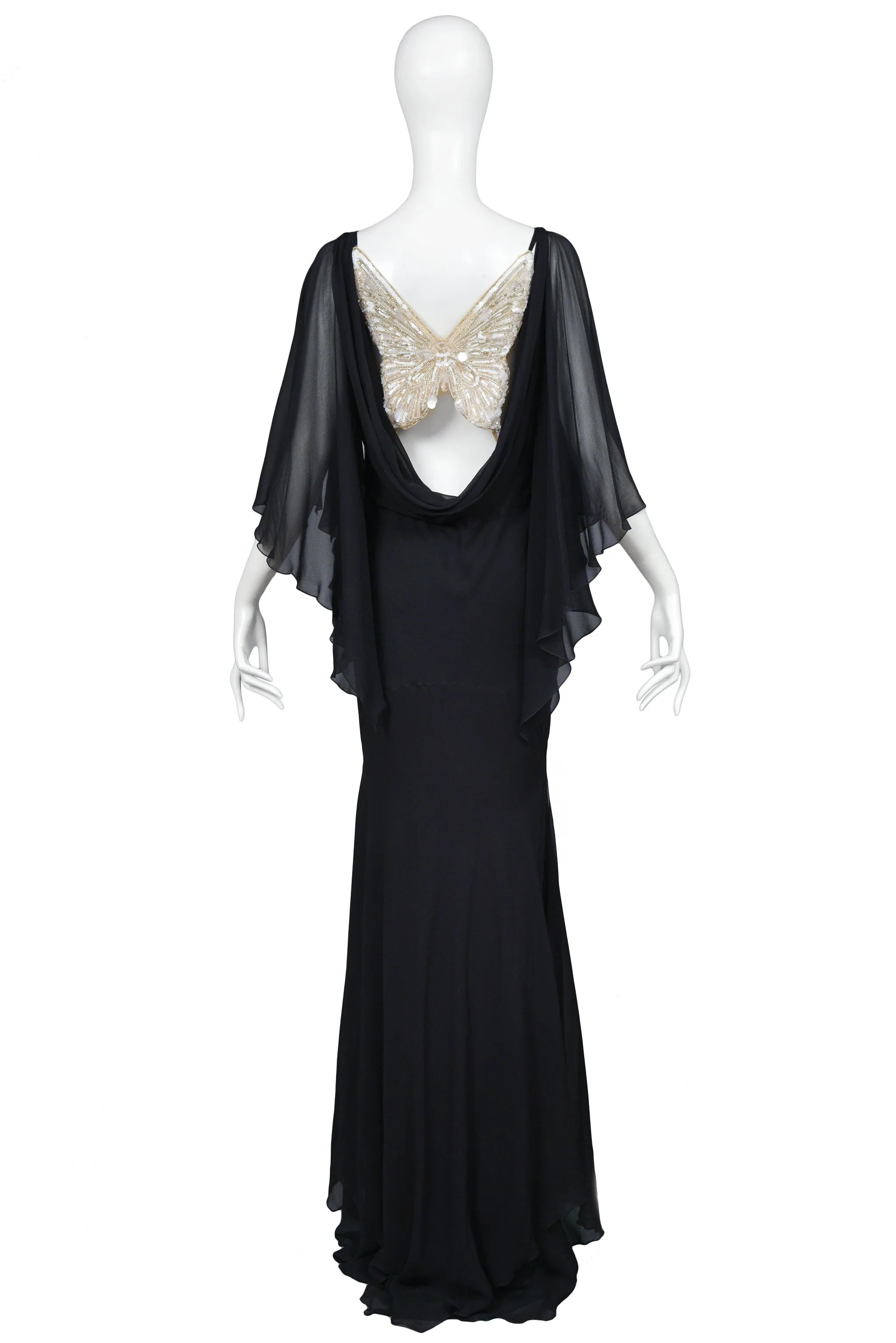 VALENTINO NAVY CHIFFON BUTTERFLY BACK GOWN 2005