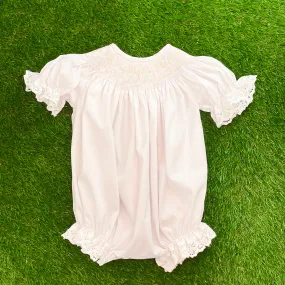 White Smocked Romper with Cream Crosses