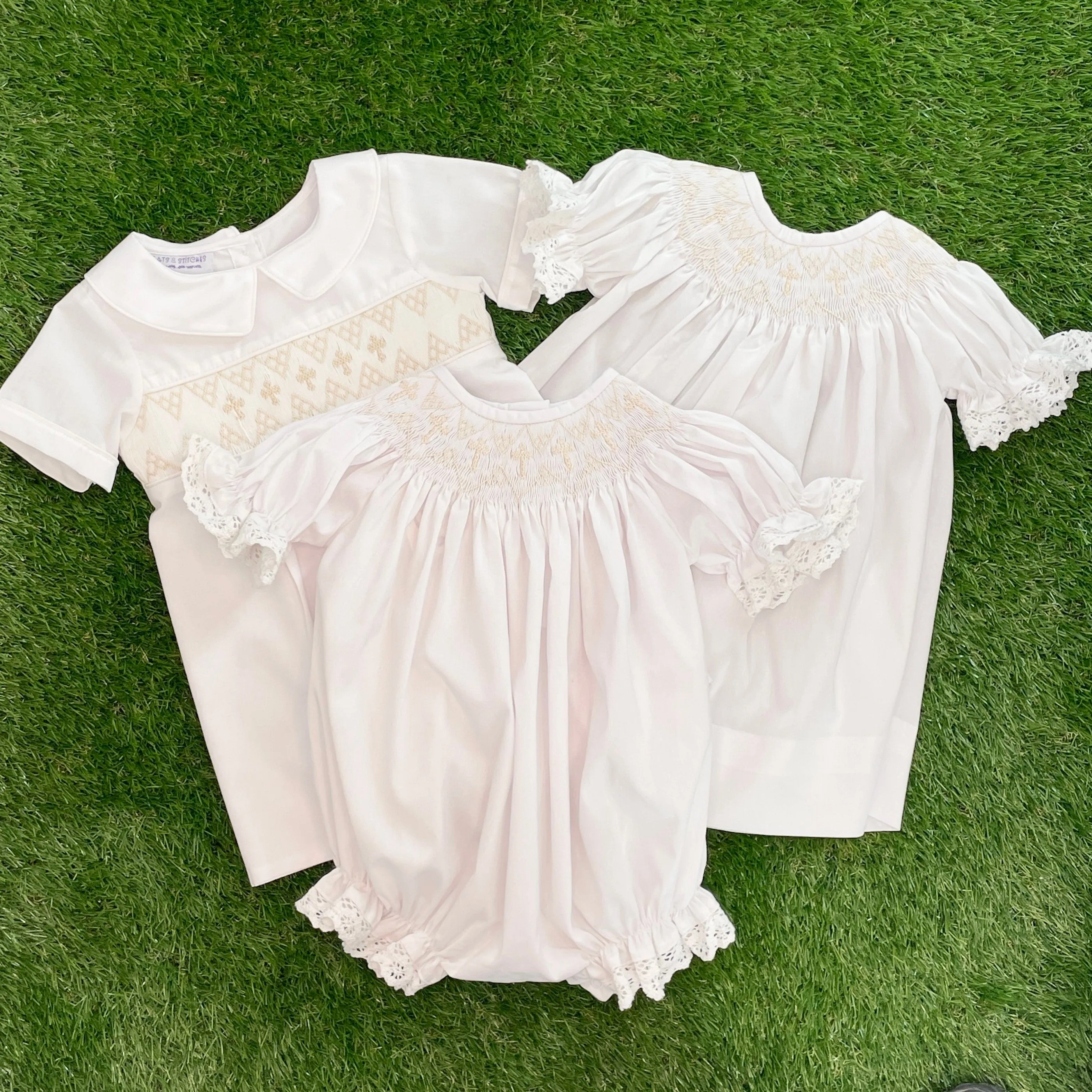 White Smocked Romper with Cream Crosses